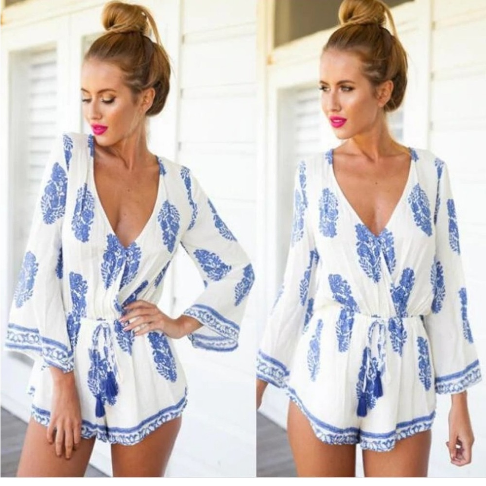 Blue and white romper playsuit one piece